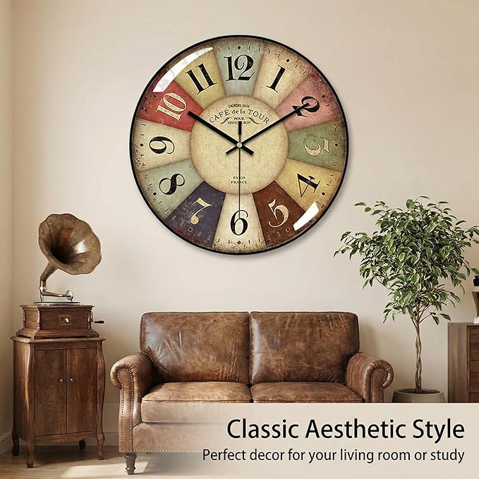Vintage Wall Clock-12 Retro Rustic Style Quartz Clock, Silent Non-Ticking