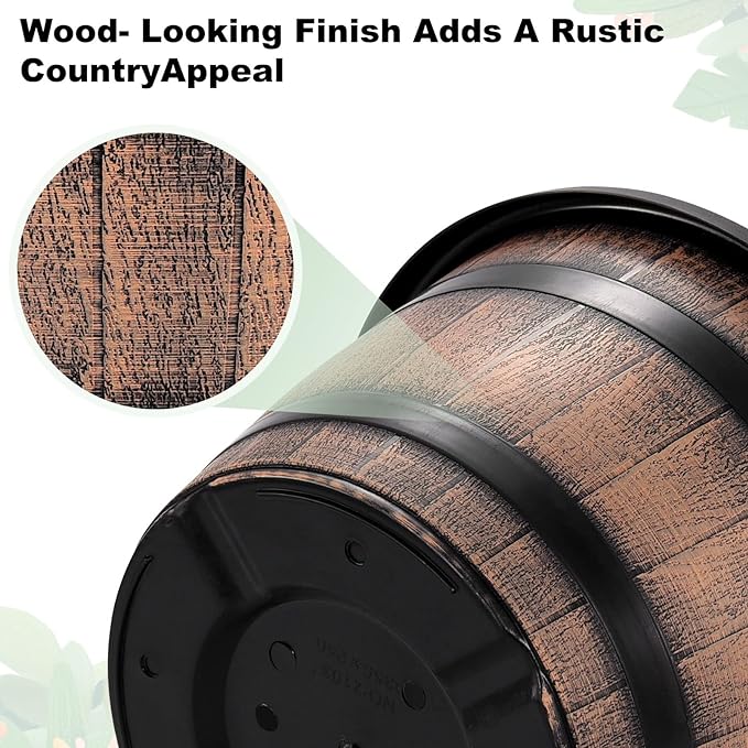 Quarut Large Plastic 3 Pack16 inch Plant Pots,Whiskey Barrel Planters with Drainage Holes & Saucer.Flower Pots Imitation Wine Barrel Design for Indoor & Outdoor Garden Balcony Plants.7 Gallons(Brown)