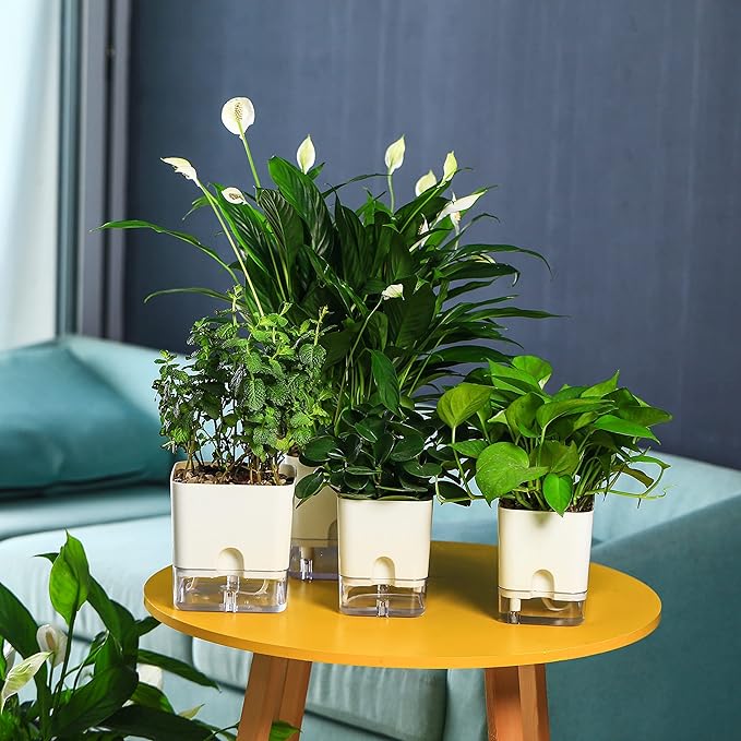 Planterhoma Self Watering Plant Pots for Indoor Plants 7/10 inch, 2 Packs Rectangle Self-Watering Planters with Drainage Hole, White African Violet Pots for Devil's Ivy, Spider Plant, Orchid, Herb