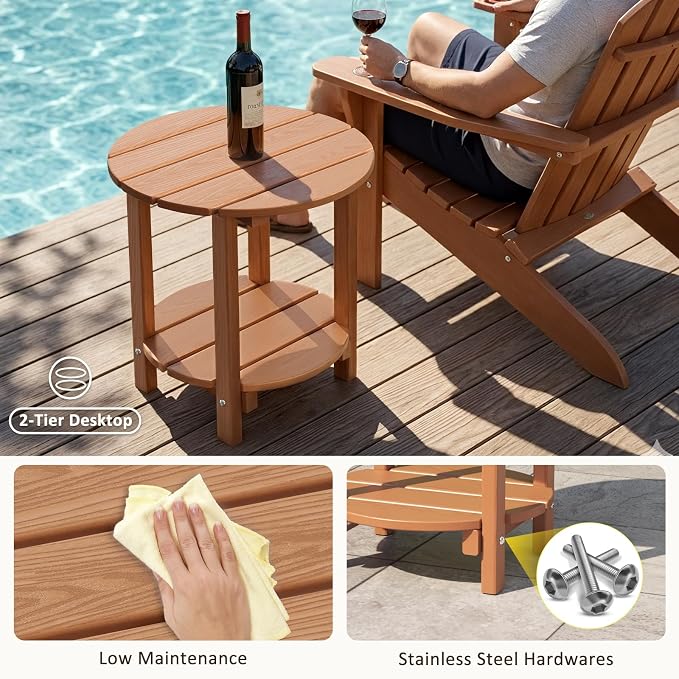 2 Tier Round Outdoor Side Table with Wood-Like Grain, HDPE Adirondack Table Patio Side Table, Weather Resistant End Table for Pool, Patio & Porch, Small Outdoor Table (Teak, Round)