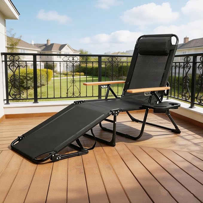 Outdoor Chaise Lounge Chair with 4-Position Adjustable Backrest, Patio Folding Sun Tanning Chair, Pillow & Cup Holder, Portable Recliner Sunbathing Lounger Chairs for Pool Beach Lawn Garden (Black)