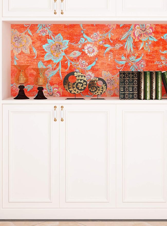 FunStick 17.5"x118" Vintage Floral Peel and Stick Wallpaper Orange Red Wall