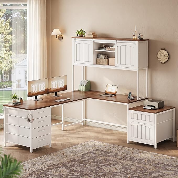 SEDETA Farmhouse L Shaped Office Desk with 6 Drawer, Reversible Computer Desk with Power Outlet, Hutch for Home Office/Two Person, Corner Desk with File Drawer & Printer Storage Shelves, White