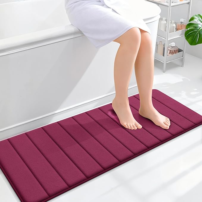 OLANLY Memory Foam Long Bathroom Rugs Runner 47x17, Super Soft Absorbent Bath Mat, Quick Dry, Machine Washable Shower Floor Rugs, Bathmat Carpet, Bathroom Home Decor Accessories, Burgundy