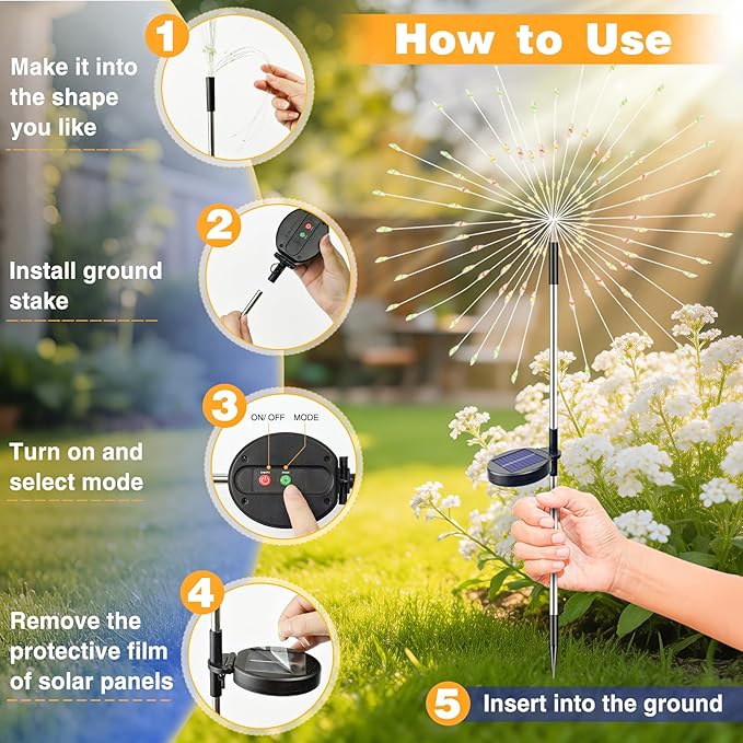 btfarm 2 Pack Solar Garden Lights Outdoor 8 Modes, 120 LED Firework Lights Solar Powered, Waterproof Twinkle Fairy Light Outside for Yard Pathway Lawn Pool Patio Christmas Decorative, Multicolor