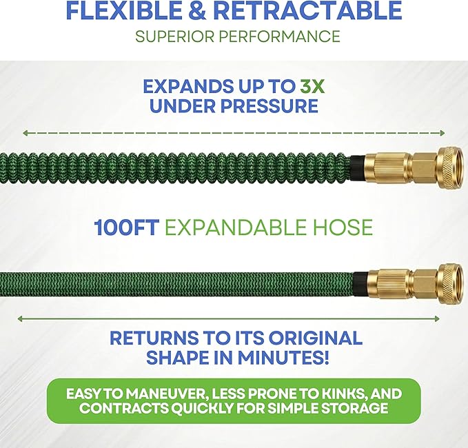 J&B XpandaHose 100ft Expandable Garden Hose – Ultra-Strong 3750D, 4-Layer Latex Core, Brass 3/4" Connectors, 10-Pattern Nozzle & Storage Bag – Lightweight, Kink-Reducing, Leak-Resistant