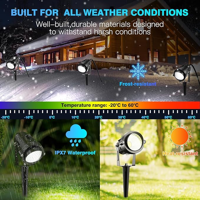 High Brightness 1000LM Outdoor Spot Lights for Yard, 6500K Daylight Spot Lights Outdoor with 4.9FT Electric Cord, 10W LED IP66 Waterproof Landscape Spotlights for Garden Tree Flag - 2 Pack