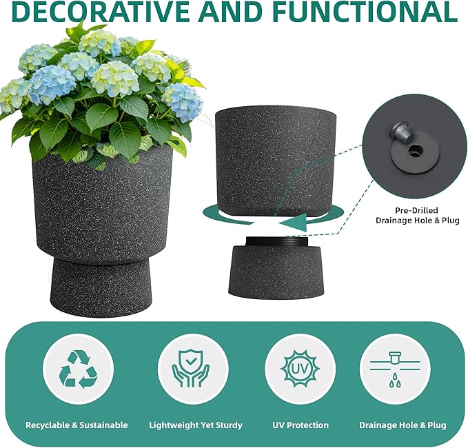 16.8" Large Planters Set of 2 Modern Pedestal Plant Pots with Drainage Hole, Durable Plastic Flower Pots w/Terrazzo Finish, Weather-Resistant for Garden Patio Balcony Home Outdoor Indoor Decor