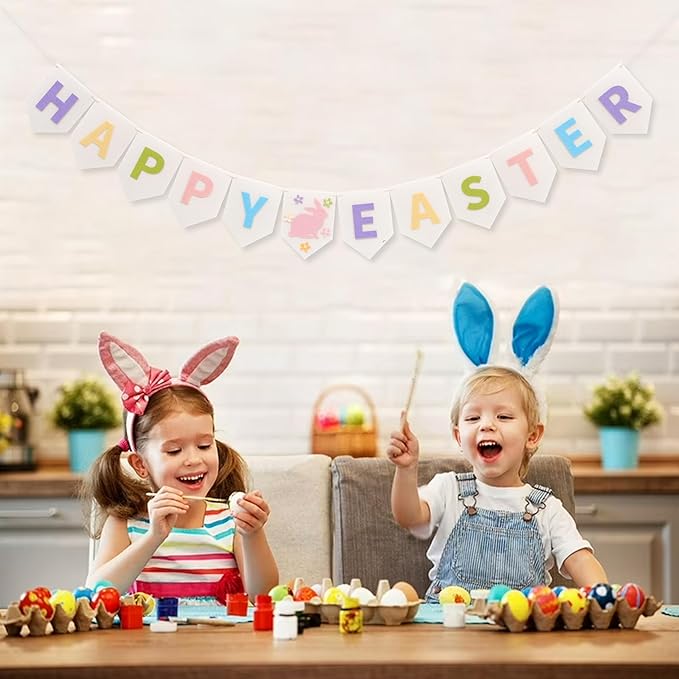 Felt Happy Easter Banner - Pastel Happy Easter Garland, Easter Bunny Bunting, Easter Decoration for Mantel, Wall