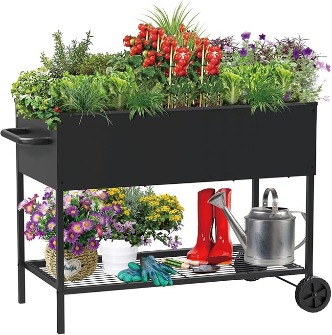 JWPEHOE 34 × 15 × 31 Inches Raised Garden Bed with Legs/Storage Shelf, Mobile Planter Box for Outdoor Plants, Elevated Garden Bed for Backyard, Balcony, Black