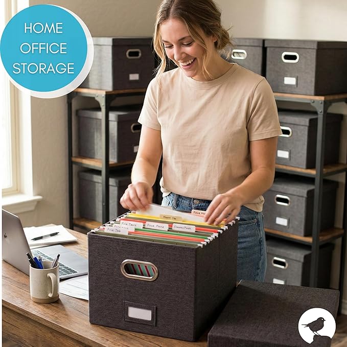 Internet's Best Collapsible File Storage Organizer with Lid - Decorative Linen Filing & Storage Office Box – Hanging Letter/Legal Folder – Home Office Bins Cabinet – Charcoal Container - 4 Pack