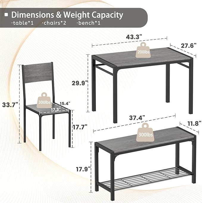JUMMICO 43.3" Dining Table Set for 4, Kitchen Table with Bench & 2 Chairs Modern Rectangular Metal Frame Dining Furniture Set for Small Space (Grey)