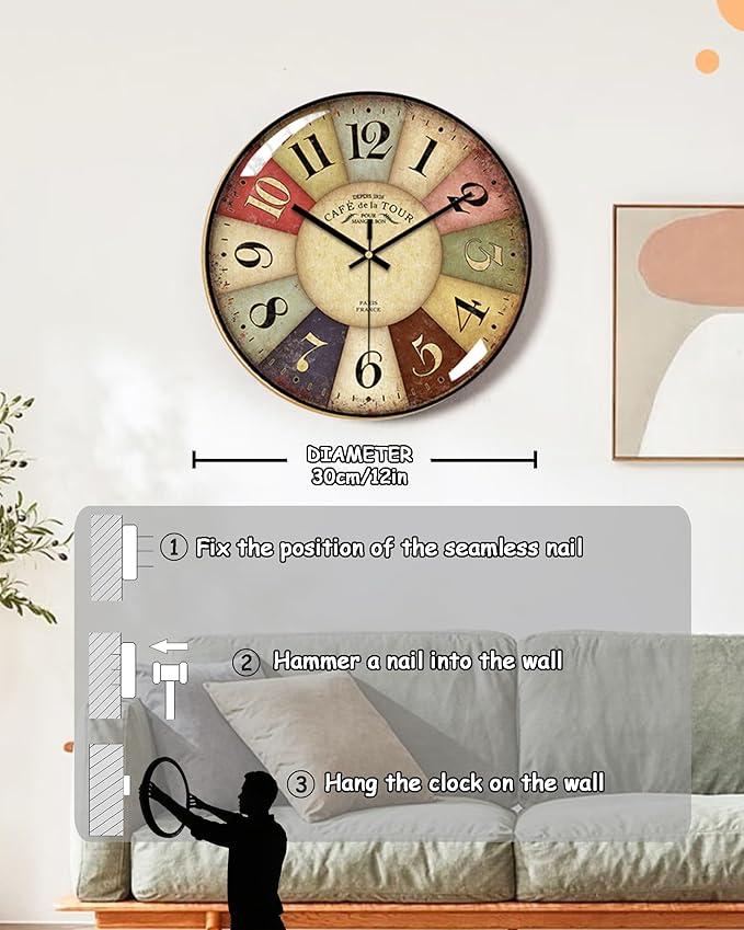 Vintage Wall Clock-12 Retro Rustic Style Quartz Clock, Silent Non-Ticking