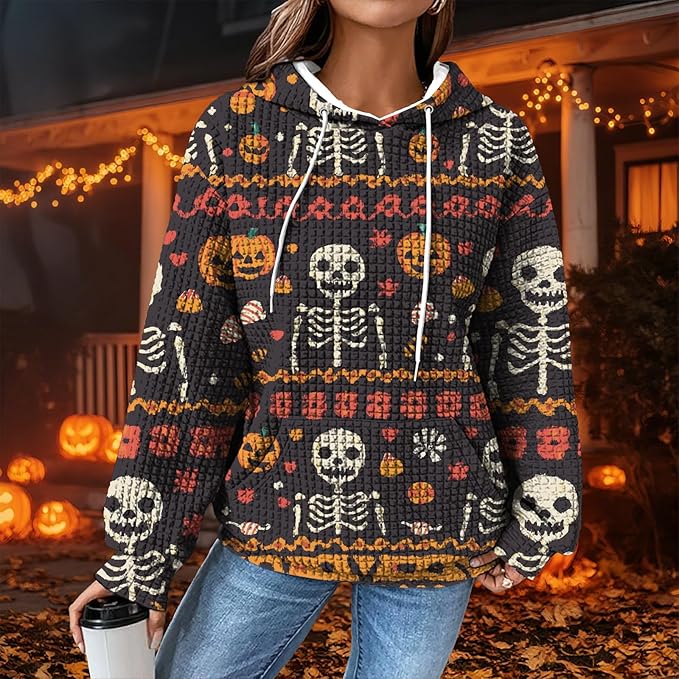 Halloween Sweatshirts for Women Novelty Graphic Drawstring Waffle Hoodies Loose Casual Pullover Tops with Pocket