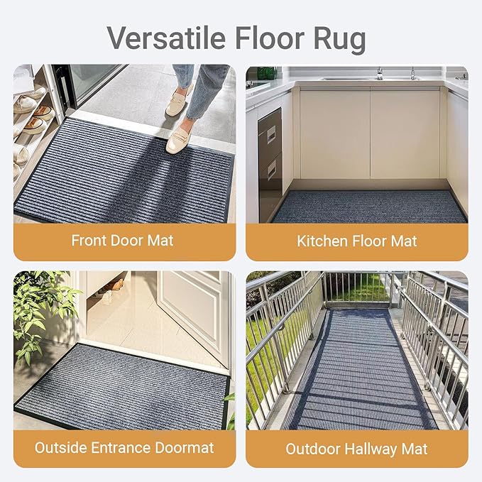 Outdoor Entry Rubber Rug, 4'x3' Commercial Heavy Duty Rubber Large Exterior Door Mat, Industrial Non-Slip Waterproof Welcome Floor Mats for Garage, Kitchen, Patio, Charcoal Grey 48" x 36"