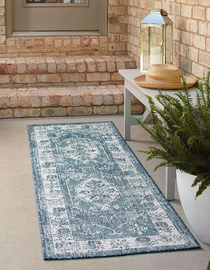 Unique Loom Outdoor Traditional Collection Area Rug - Valeria (2' x 7' 10" Runner, Blue/ Ivory)