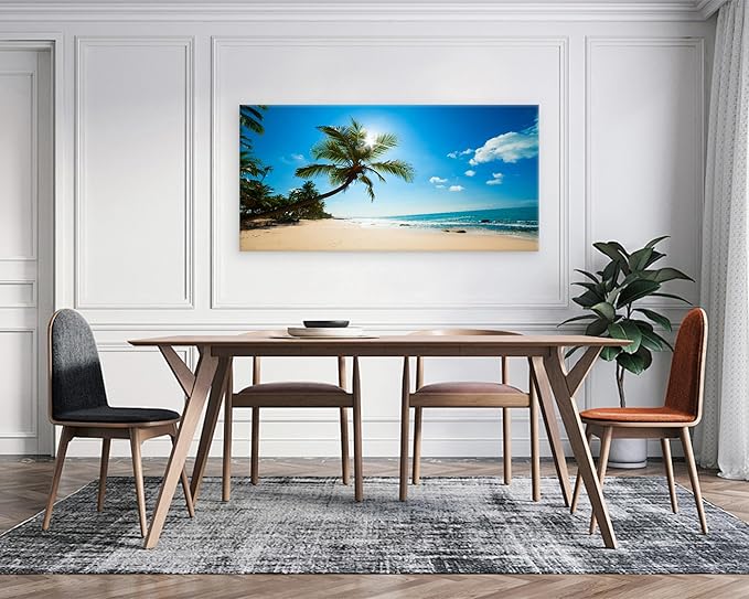 Muolunna ARX0698 Large Canvas Wall Art Summer Ocean Waves Prints Coconut Trees Beach Seascape Painting Hawaii Sea Nature Pictures Stretched and Framed for Living Room Home Office Wall Decor