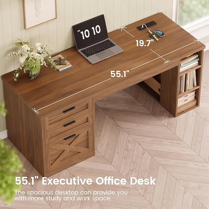 SEDETA 55.1" Executive Office Desk with 3 Drawers, Farmhouse Computer Desk with File Drawer & Storage Shelves, Home Office Desk with Power Outlet for Home Office, Brown