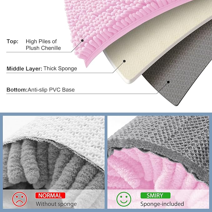 Smiry Luxury Chenille Bathroom Rugs 36x24, Extra Soft and Absorbent Shaggy Bath Mat, Machine Washable, Non-Slip Plush Carpet Runner for Tub, Shower, and Floor, Home Decor Accessories, Pink