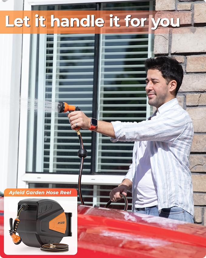 Ayleid Retractable Rubber Hybrid Garden Hose Reel, 1/2"x100ft Wall Mount | Anti-freeze, kink-free premium rubber hybrid hose, 24-month warranty, 9-pattern sprayer, any-length lock, slow auto-return.