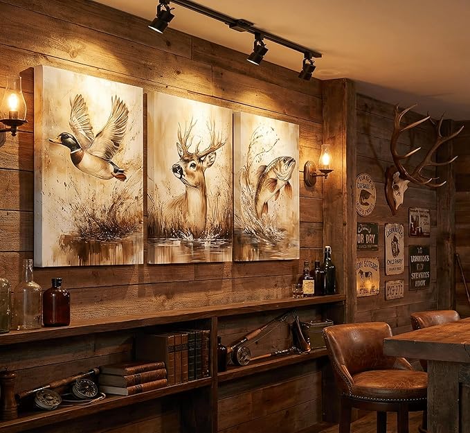 3Pcs Rustic Outdoor Wildlife Canvas Wall Art Watercolor Deer Duck And Fish Wall Decor Pictures Vintage Farmhouse Hunting Posters Prints for Living Room Bathroom Kitche Home Decoration