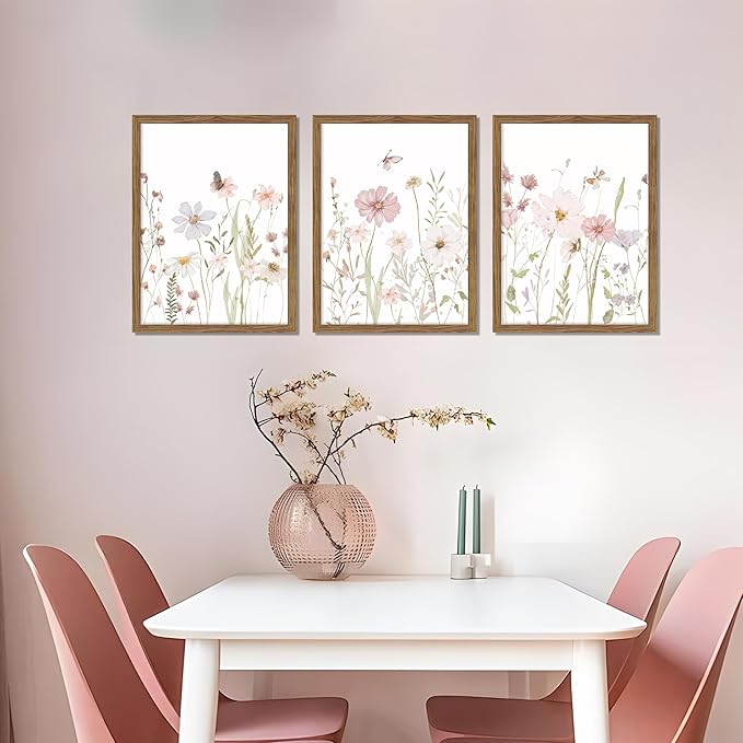 Framed Wildflower Wall Art Set of 3, Vintage Flower Botanical Paintings