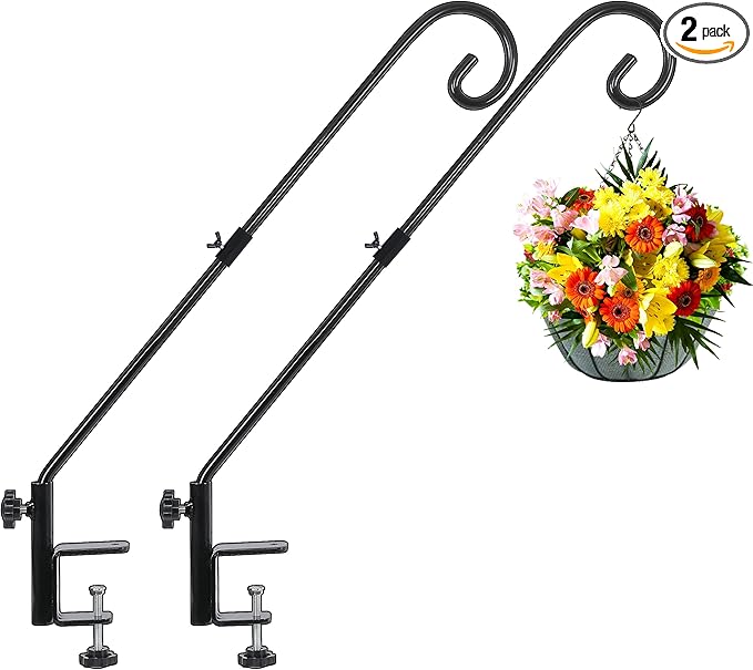 FEED GARDEN 31 Inch Heavy Duty Deck Hook for Railing 2 Pack, Non-Slip Clamp, 360 Degree Swivel, for Hanging Bird Feeders, Plants, Lanterns, Suet Baskets, Wind Chimes, Black