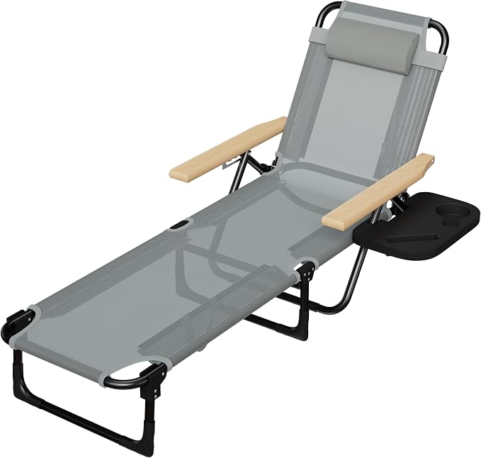 Foldable Chaise Lounge Chair Outdoor, Tanning Chair with 4-Position Reclining Back, Folding Sun Lounger, Outdoor Lounge Chair for Beach, Poolside, Backyard, Camping, UPF 50+, 300 LBS