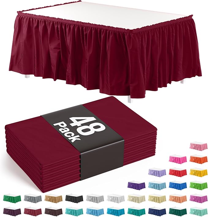 Ruffle Table Skirt Burgundy 48 Pack 14 Ft Long Table Skirts for Rectangle Tables 6ft Plus or Round Tables Skirts with Adhesive Strip for Gender Reveal Decor & Happy Birthday Parties by Exquisite