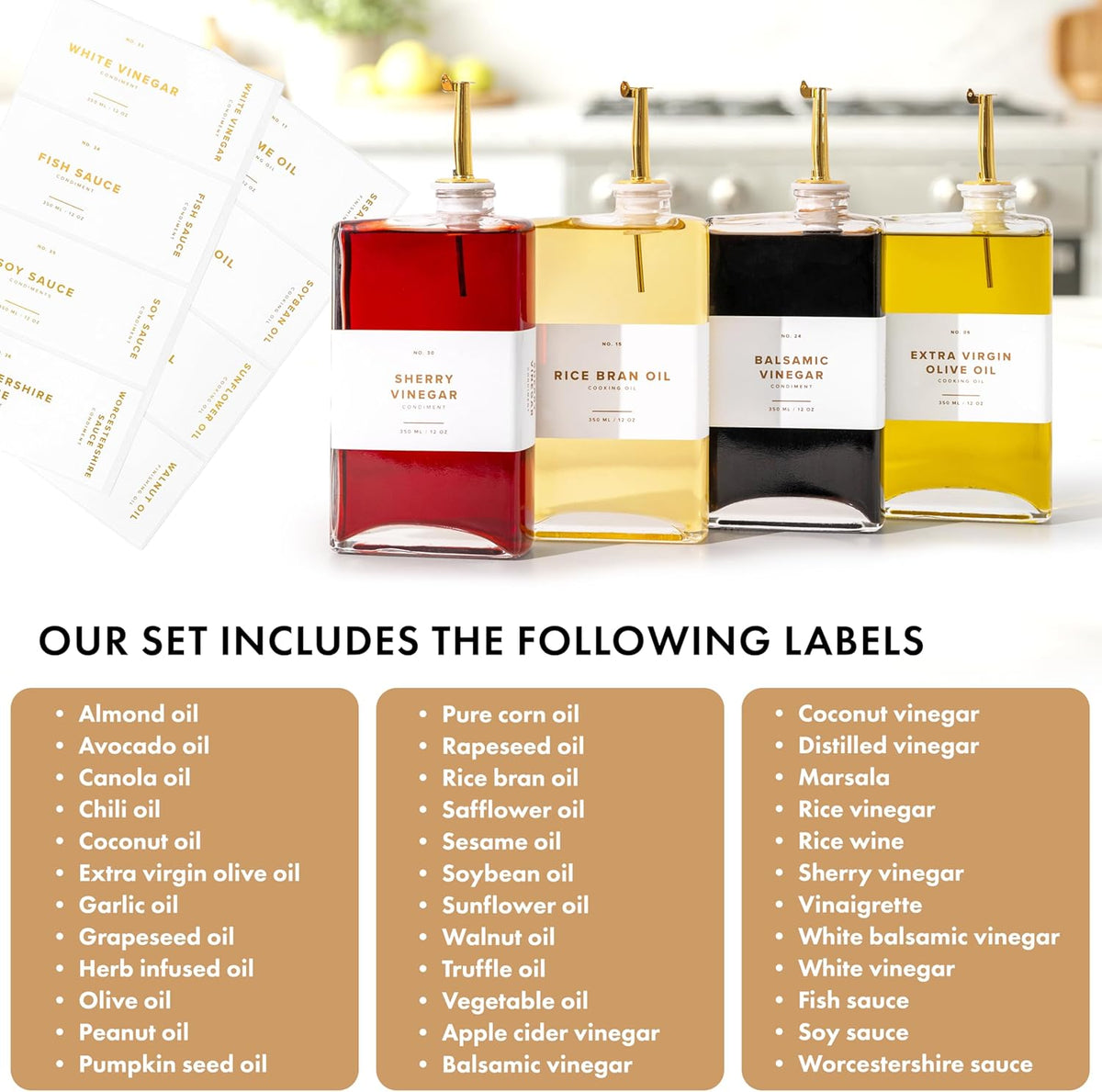 Glass Olive Oil Dispenser Bottle Set [2x17oz]: 36 Premium Gold Labels, Oil Dispenser for kitchen, Vinegar Bottle Set, Glass Dispensers for Soy Sauce, Syrup Bottles | Set of 2