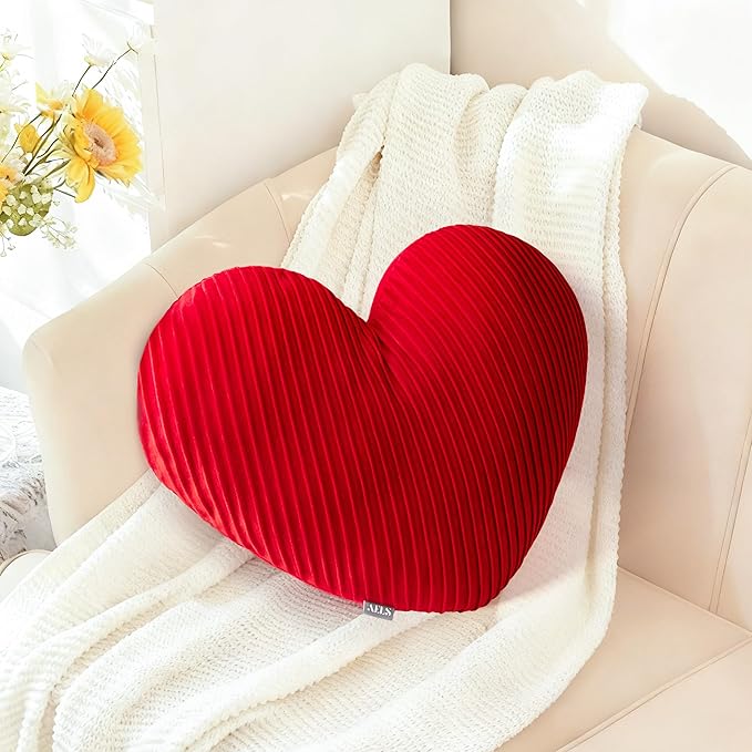 AELS Heart Shaped Pillow, 20 Inches Pleated Velvet Love Pillow, Decorative Throw Pillow for Valentines Day, Wedding, Living Room, Bedroom, Nursery Decor, Red