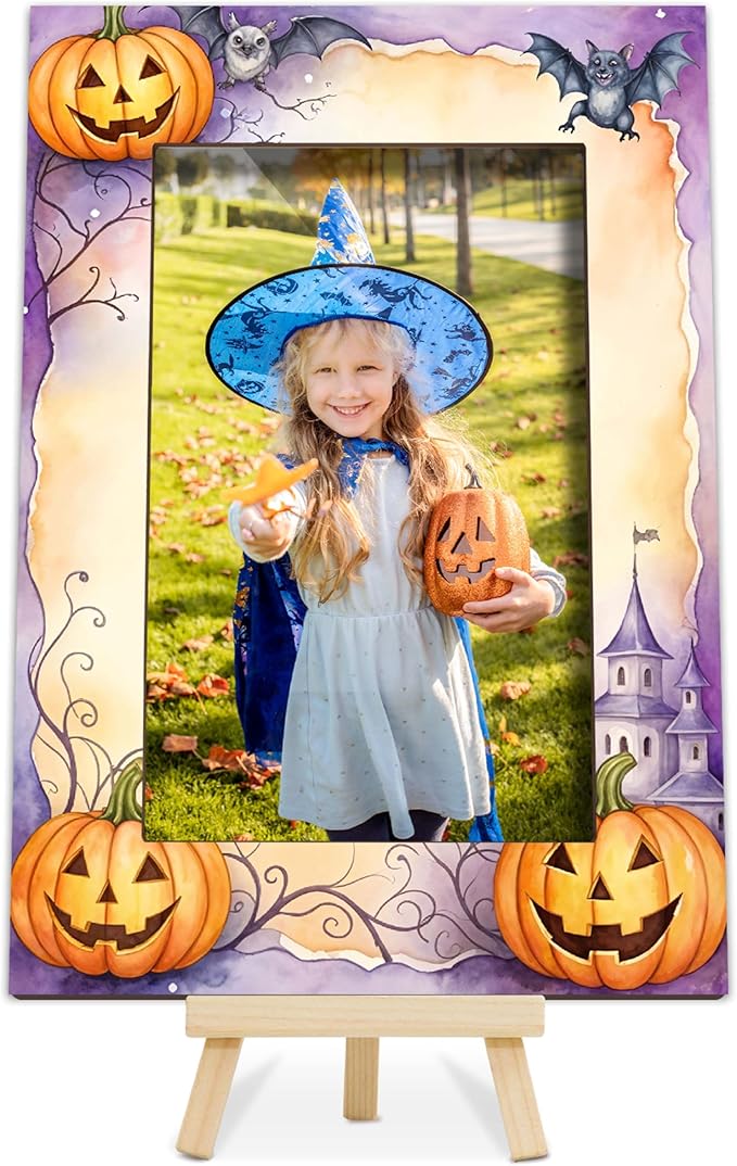 Halloween Picture Frame, 4×6 Pumpkin Wooden Photo Frame for Home Decor Tabletop Display, Vintage Castle Gifts for Family Friends - A01