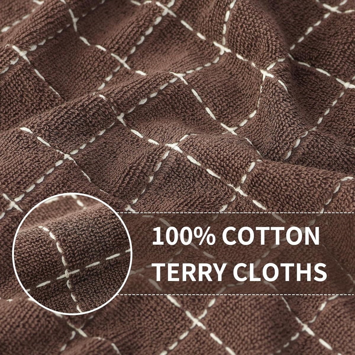 Homaxy 100% Cotton Terry Kitchen Towels(Brown, 13 x 28 inches), Checkered Designed, Soft and Super Absorbent Dish Towels, 4 Pack