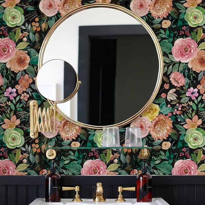 JiffDiff Dark Floral Peel and Stick Wallpaper 236.22" L x 17.7" W Black