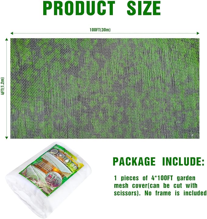 Woanger 4 x 100 ft Garden Mesh Netting Ultra Fine Plant Covers Garden Netting to Protect Vegetable Plants Fruits Flowers Crops Greenhouse Row Cover Patio Barrier Screen Protection Net (White)