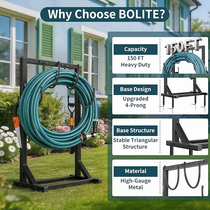 Garden Hose Holder Stand, BOLITE Heavy Duty Metal Hose Hanger, Holds 150ft | Freestanding & Detachable Water Hose Holder for Outside, 4 Spikes & 2 Tool Hooks, Storage Rack for Outside Yard Lawn Farm