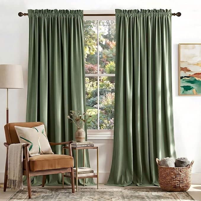 NICETOWN Sage Green Velvet Curtains 90 inches Long 2 Panels, Semi Room