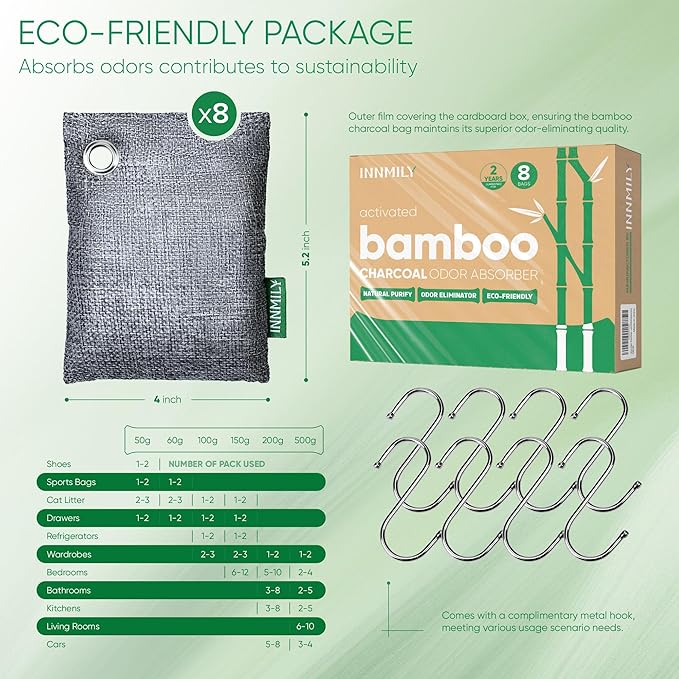 Activated Charcoal Odor Absorber, 8 Pack w Hooks Nature Odor Eliminator for Strong Odor, Bamboo Charcoal Air Purifying Bags, Moisture Absorbers for Fresh Home Car Closet Pet, Smoke Smell Deodorizer