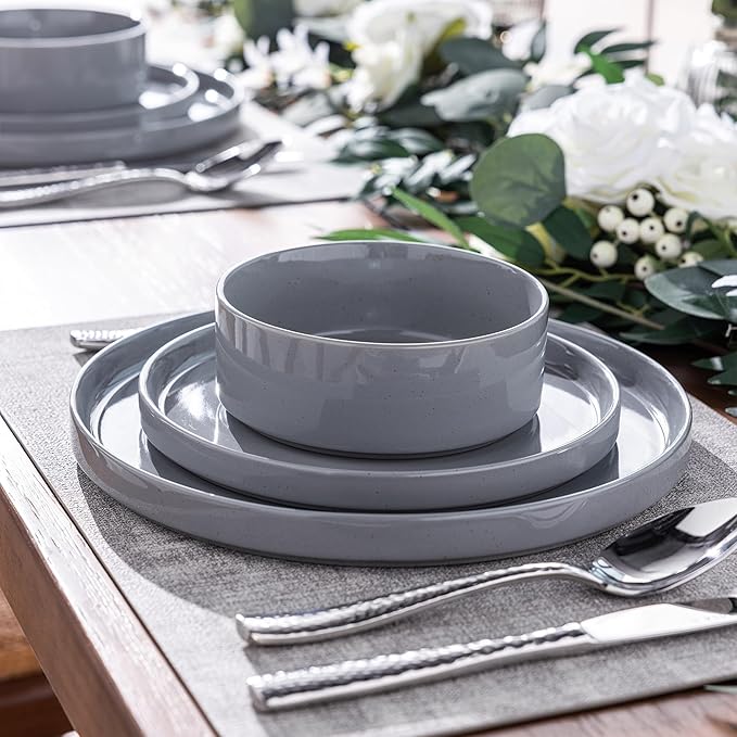 GBHOME Dinnerware Set for 4, 12 Piece Speckled Plates and Bowls Set with Glazed Bottom, Chip & Scratch Resistant Stoneware Plates Sets, Dishwasher & Microwave Safe Dishes (Limestone, Service for 4)
