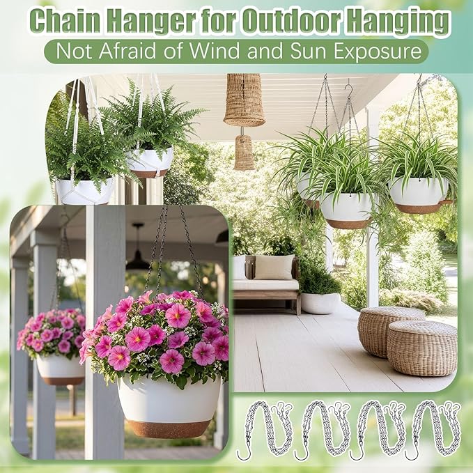 Sliner Set of 4-10 Inch Self Watering Hanging Planters Includes Hanging Pots and Outdoor Hanger Plant Pots with Drainage Holes 2 Types of Hanger Basket Hooks for Patio Garden(White Brown)