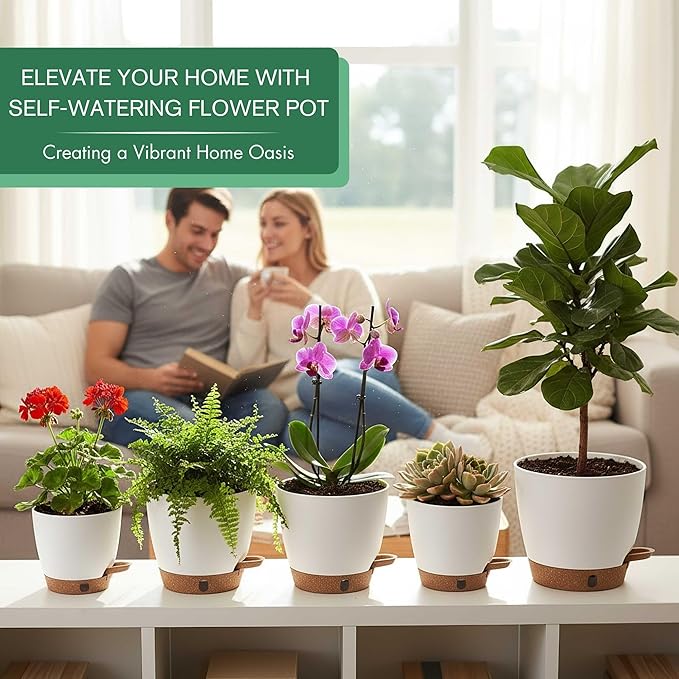 montresor 5-Pack Self-Watering Planters with Wick & Reservoir (5/5.5/6/6.5/7 Inch) – Plastic Indoor Pots with Drainage, Modern White Flower Pot for Violet, Herb