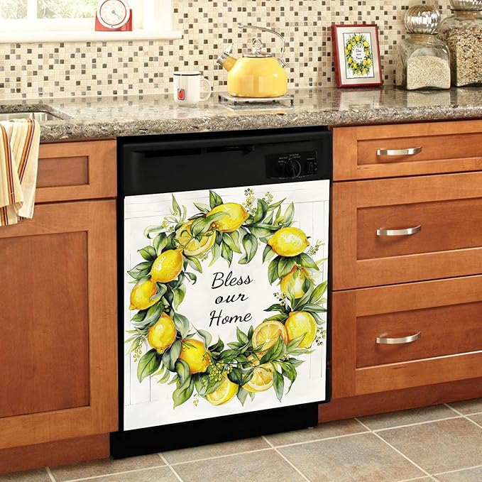 Generic Lemon Wreath Dishwasher Magnet Covers, Bless Our Home Fruits Painting Dishwasher Door Season Decorative Magnetic Stickers, 23x26 Floral Panel Decals for Kitchen Decor Refrigerator