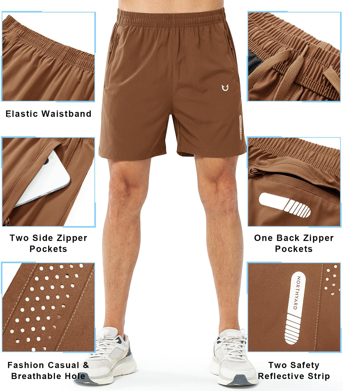 NORTHYARD Men's Athletic Running Shorts Gym Workout 7"/9"/5" Quick Dry Lightweight Sports Basketball Tennis 3 Zipper Pockets BROWN-5inch 3XL
