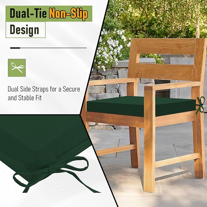 Basic Beyond Outdoor Chair Cushions Set of 2, Square Corner Outdoor Cushions for Patio Furniture, Water Resistant Patio Chair Cushions with 2 Ties, 18.5x16x3, Forest Green