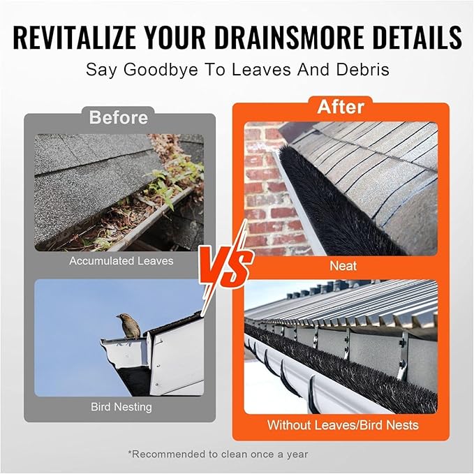 Gutter Brush 30ft, 4.33in Gutter Cleaning Tools, Gutter Guard for 5 Inch Gutters, Leaf & Debris Blocker, DIY Installation, 10 Pack