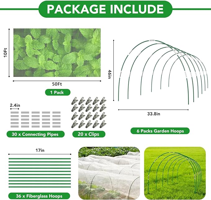 Garden Netting Kit for Raised Beds, 10x50FT Ultra Fine Mesh Netting ＆6 Sets Fiberglass Garden Hoops, Insect Netting for Garden Plant Row Cover Vegetable Flowers Protection Barrier