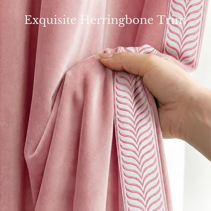 NICETOWN Rod Pocket Embroidered Trim Velvet Curtains, 2 Panels, Blush Pink