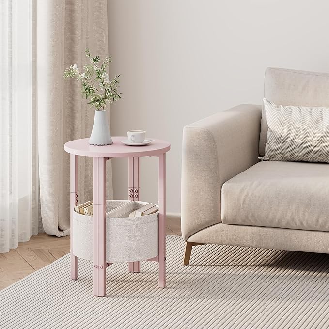 Vagusicc Small Round Side Table, Accent End Table with Storage Basket, Set of 2 Half Round Coffee Table End Table, Half Moon Bedside Table, Modern Nightstand Couch Table for Living Room Bedroom, Pink