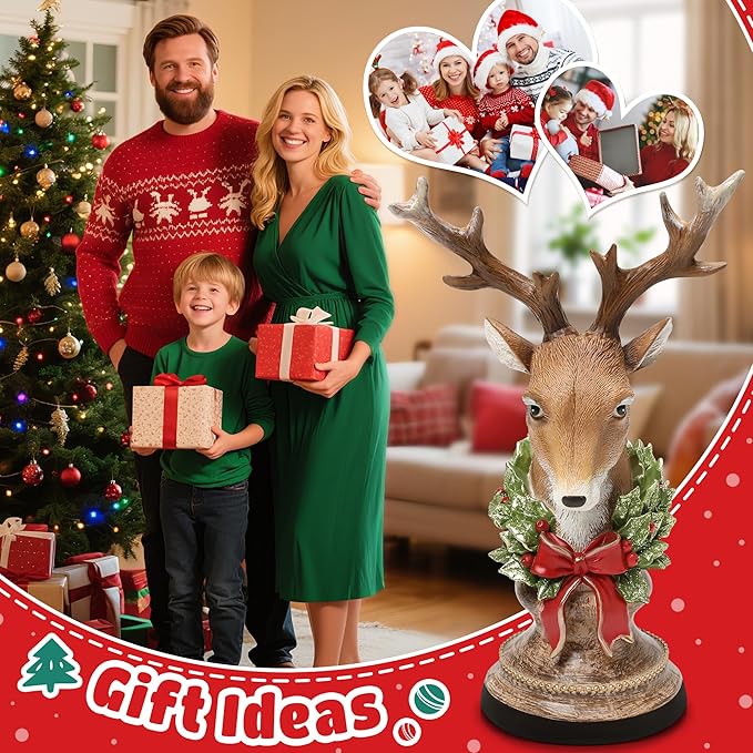 Christmas Reindeer Head Statues, Deer Head with Wreath, Reindeer Christmas Table Decoration for Home Indoor Resin Xmas Deer Figurine Winter Holiday New Year Gift for Woman
