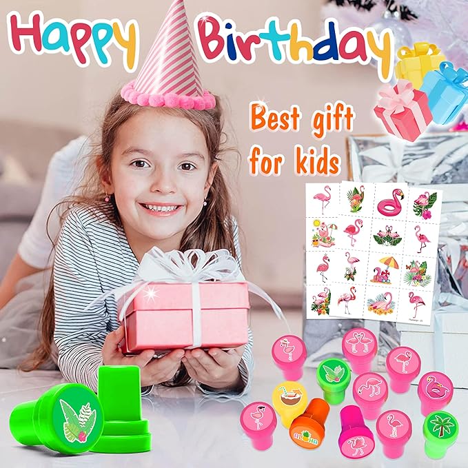 36PCS Pink Bird Party Favors - 24PCS Pre-Cut Temporary Tattoos & 12PCS Stamps - Ideal Hawaiian Summer Tropical Luau Themed Birthday Card Decorations Supplies Goodie Bag Kids Gifts Classroom Rewards